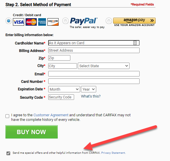 "Send me special offers and other helpful information from CARFAX" checkbox, already ticked to agree by default.